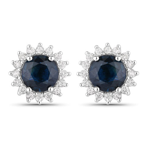 2.38 Carat Genuine Blue Sapphire and White Diamond 14K White Gold Earrings