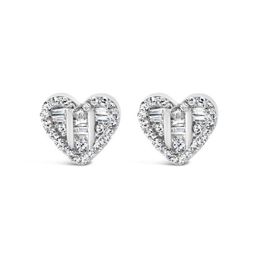 14K Yellow Gold Plated .925 Sterling Silver 1/2 Cttw Round and Baguette Diamond Composite Heart Shaped Stud Earring (I-J Color, SI2-I1 Clarity)