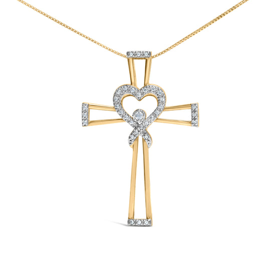 14K Yellow Gold Plated .925 Sterling Silver 1/6 Cttw Diamond Interlocking Heart and Ribbon Cross Pendant Necklace (H-I Color, I2-I3 Clarity) - 18" Inches Otarealm