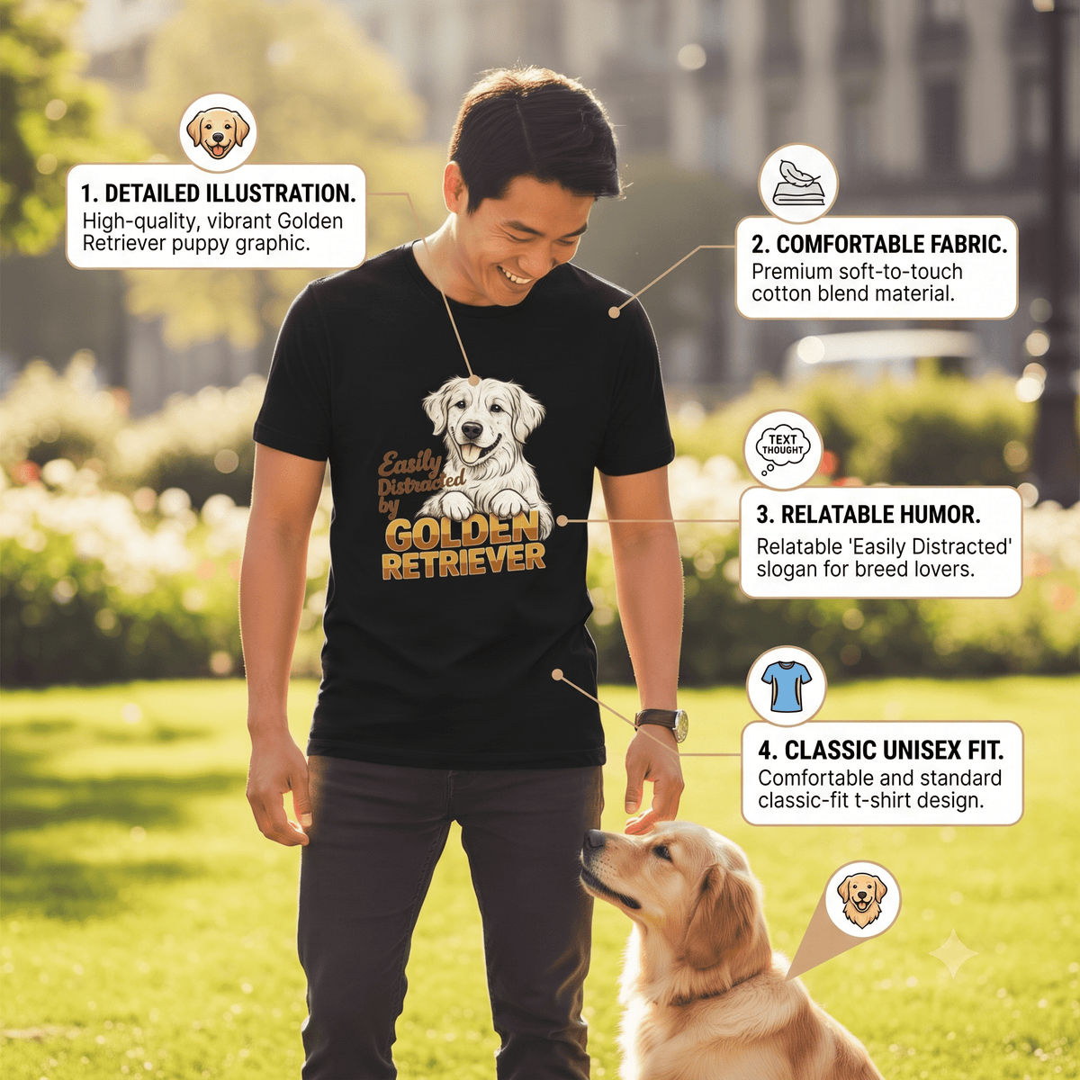 Easily Distracted By Golden Retriever Graphic T-Shirt Cotton Unisex Casual Dog Lover Wear