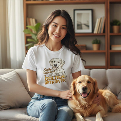 Easily Distracted By Golden Retriever Women Graphic T-Shirt Cotton Pet Lover Casual Top