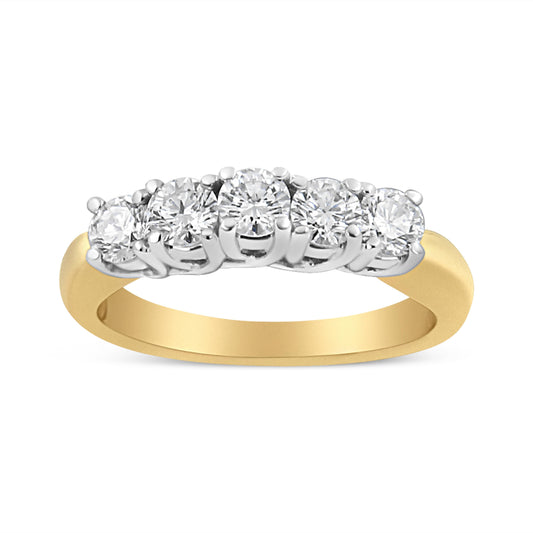 18K Yellow Gold 1.0 Cttw 4 Prong Set Round Cut Diamond Step up 5 Stone Ring Band (F-G Color, SI1-SI2 Clarity) - Size 6
