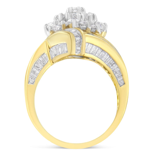 10K Yellow Gold Round and Baguette Diamond Crossover Cluster Ring (3 Cttw, I-J Color, I1-I2 Clarity) - Size 7-1/2