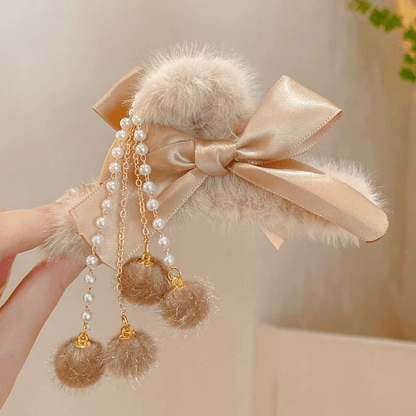 Faux Fur Bow Hair Claw Clips 2 Pack Pearl Dangle Tassel