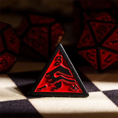 Black with Red Irregular Pattern Fill: 7-Piece Acrylic Dice Set