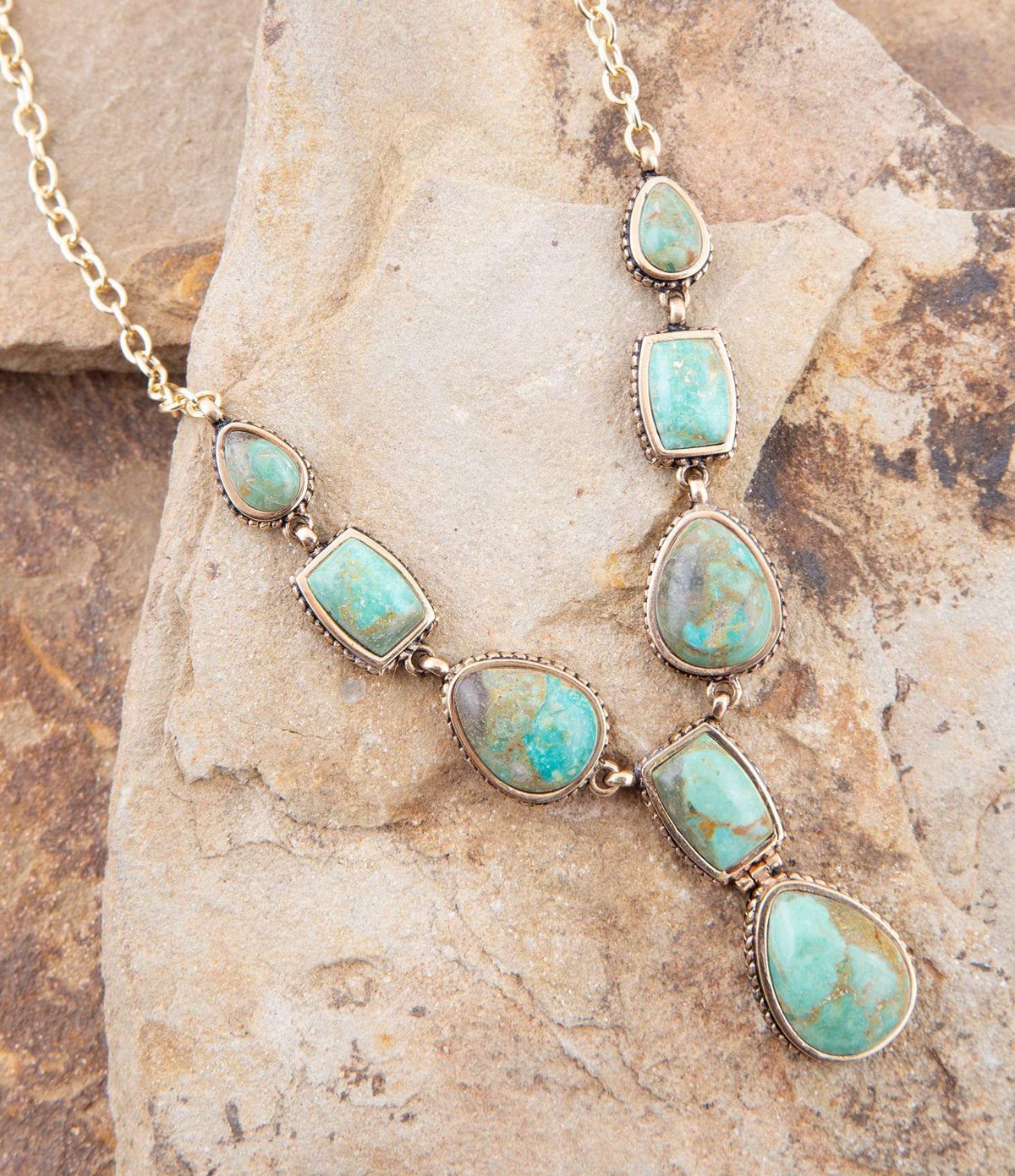 Genuine Blue Turquoise Roped Golden Bronze Y Necklace Otarealm