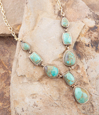 Genuine Blue Turquoise Roped Golden Bronze Y Necklace Otarealm