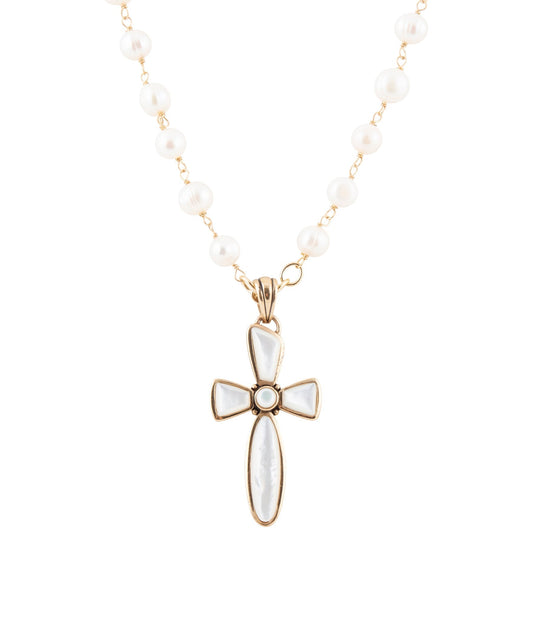 Las Cruces White Pearl Cross Pendant Necklace Otarealm
