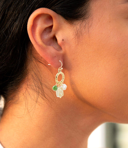Green Jade and Pink Sunstone Golden Drop Earrings
