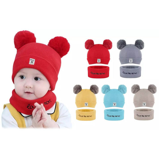 Infant Baby Winter Warm Knit Bobble Beanie Hat with Scarf Set Otarealm