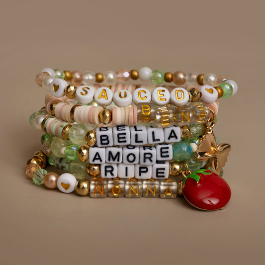 Bene Gold Bowtie Pasta Charm with Blush Heishi Beads DIY Jar