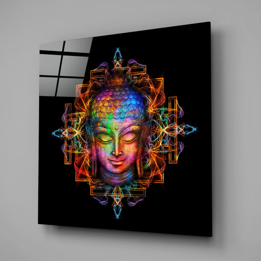 Rainbow Mandala Buddha Head Glass Wall Art