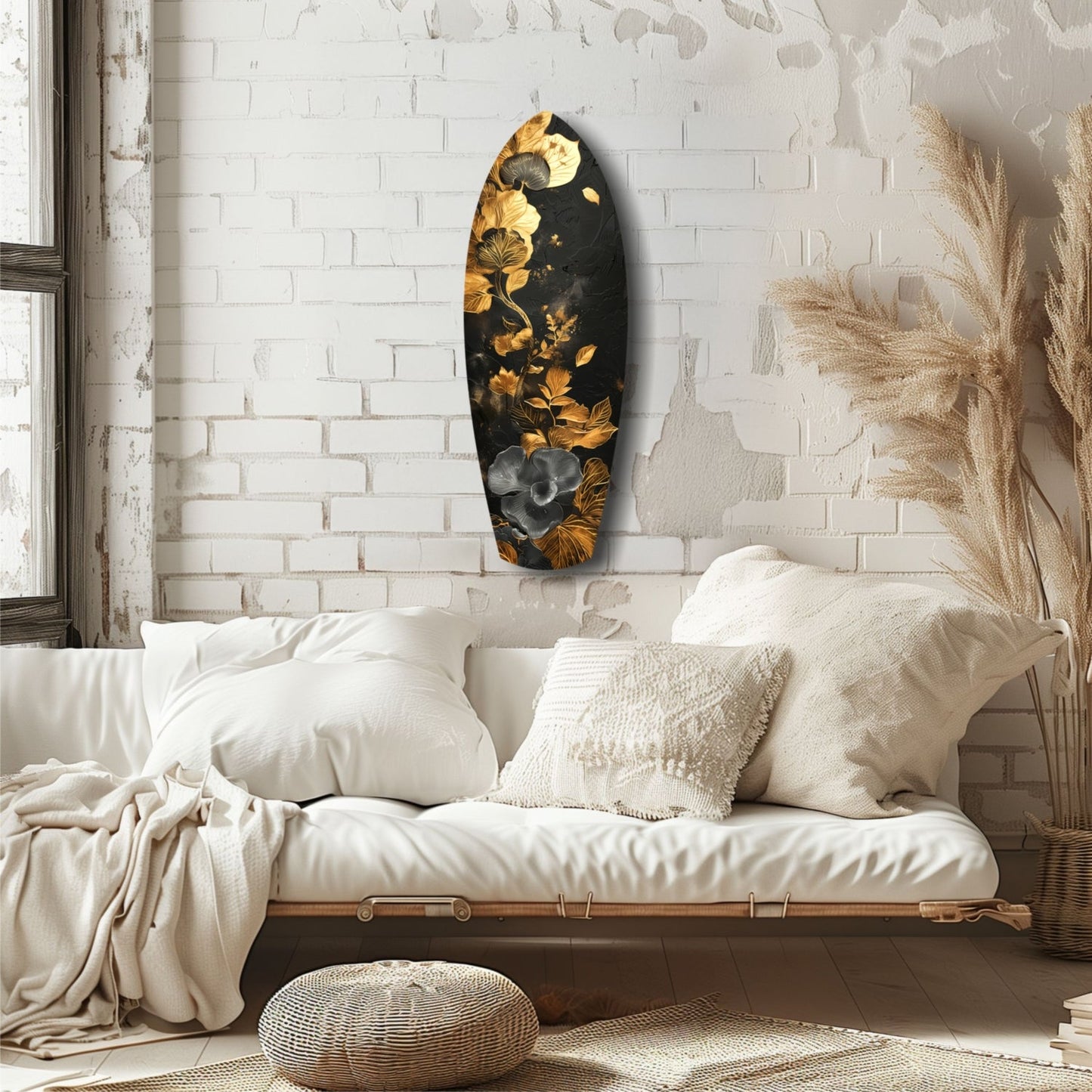 Gold Leaf Floral Surfboard Panel Glass Wall Art