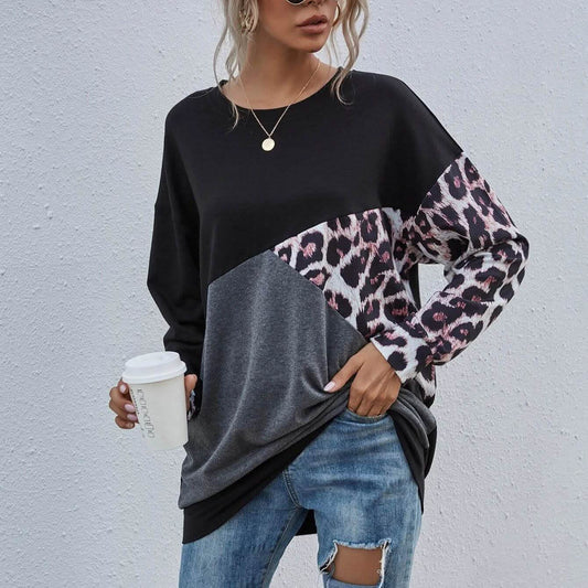 Leopard Print Colorblock Drop Shoulder Sweatshirt Otarealm