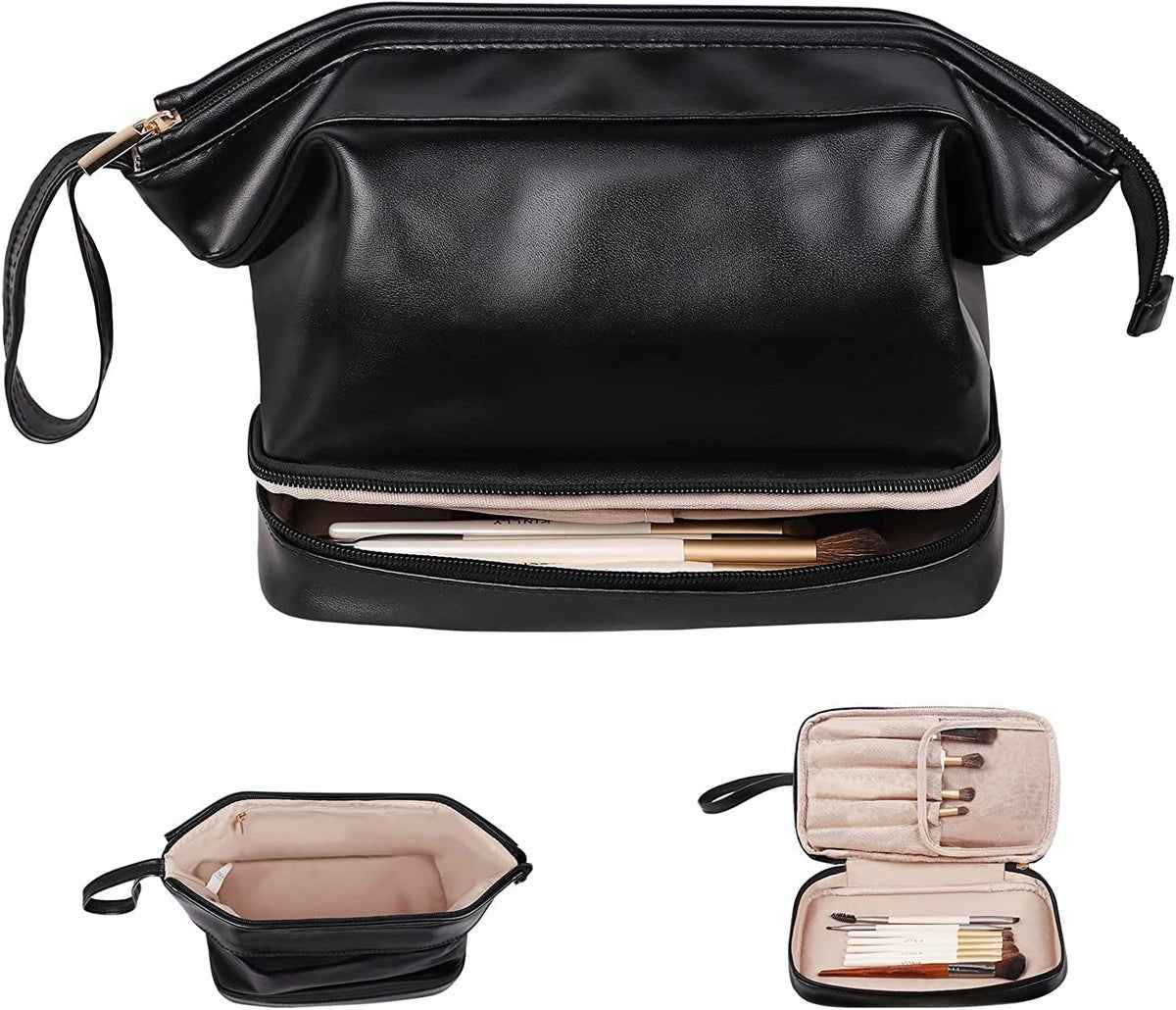 Water Resist PU Leather Makeup Bag Large Capacity Travel Toiletry Pouch