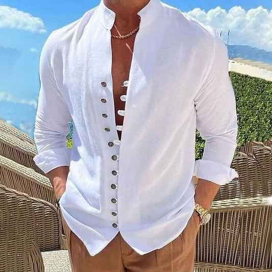Men's Linen Button Up Shirt Long Sleeve Plain Band Collar Otarealm
