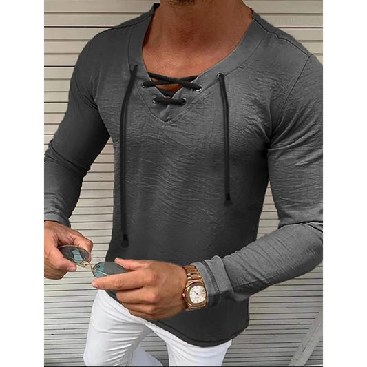 Men's Solid V Neck Long Sleeved Cotton Linen Shirt