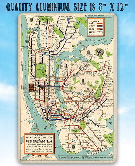 New York Subway Map 1948 - Metal Sign