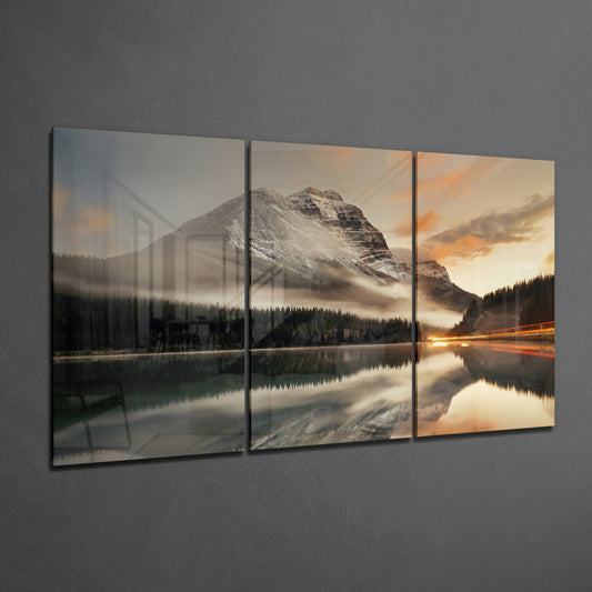 Snowy Peak Mirror Lake Triptych Glass Wall Art