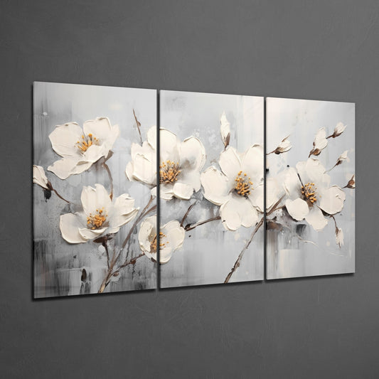 Three Panel Gray Impasto White Blossoms Glass Wall Art