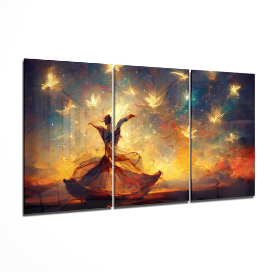Fiery Sunset Dancer With White Doves Glass Wall Art