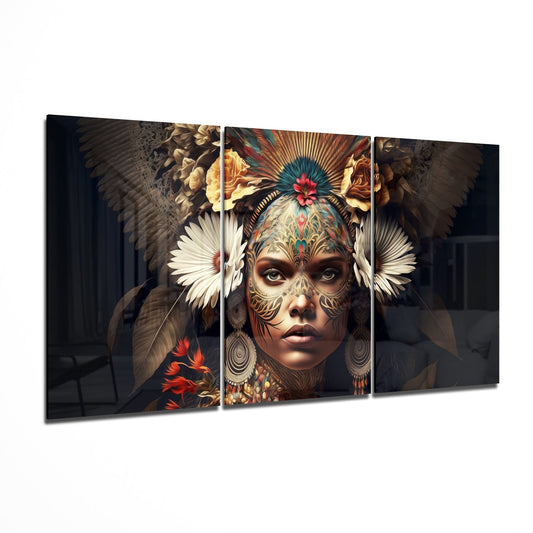 Feather Headdress Woman White Blooms Glass Wall Art