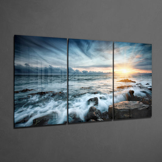 Crashing Waves Over Rocks At Dusk Glass Wall Art