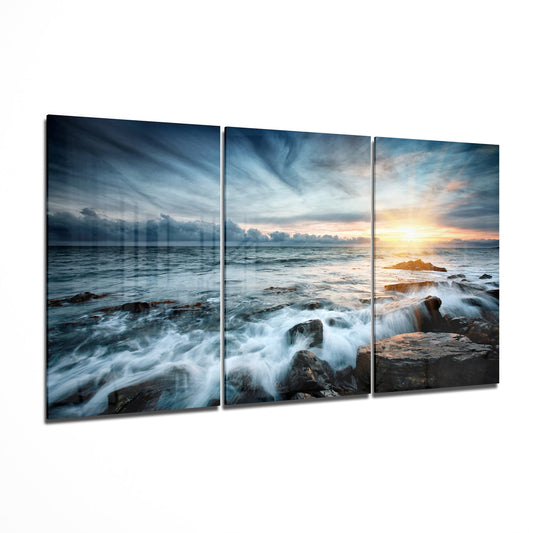Crashing Waves Over Rocks At Dusk Glass Wall Art