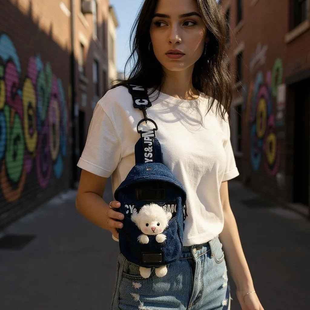 Kawaii Denim Crossbody Sling Bag with Sheep Charm Adjustable Strap