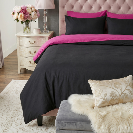 Tache Cotton Hot Pink Black Reversible Comforter Set With Zipper Cover