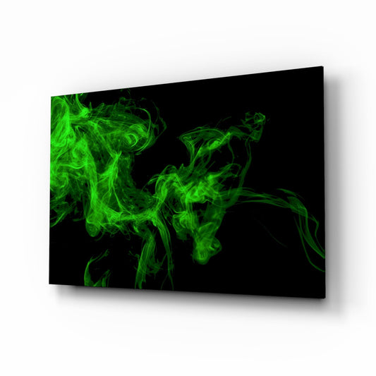 Green Smoke Swirl On Black Glass Wall Art