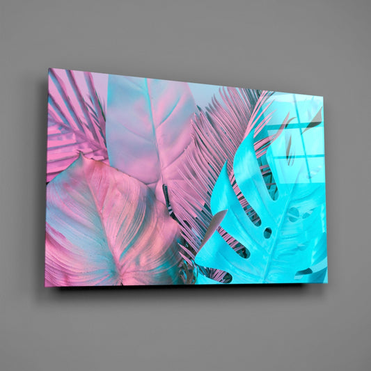 Pink Turquoise Monstera Palms Glass Wall Art