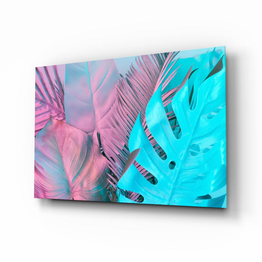 Pink Turquoise Monstera Palms Glass Wall Art