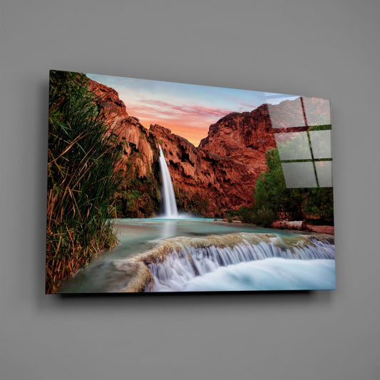 Desert Canyon Falls Sunset Glass Wall Art