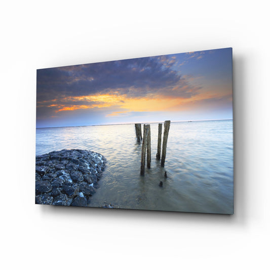 Weathered Pier Posts Calm Sea Landscape Glass Wall Art