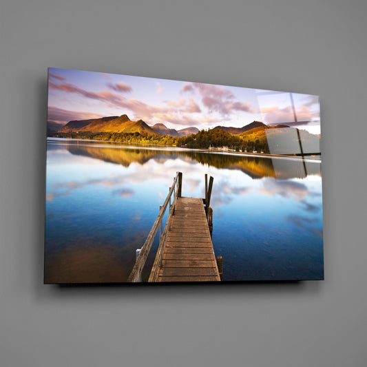 Wooden Jetty Into Still Lake Glass Wall Art