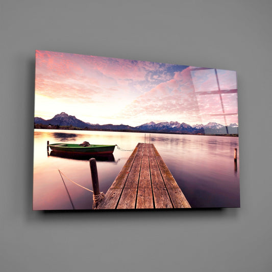 Pink Sky Lake Pier Boat Glass Wall Art