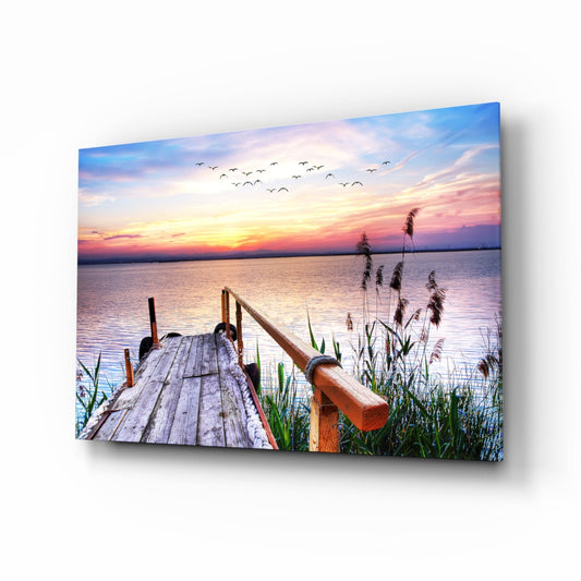 Pastel Sunset Reeds Rustic Dock Glass Wall Art