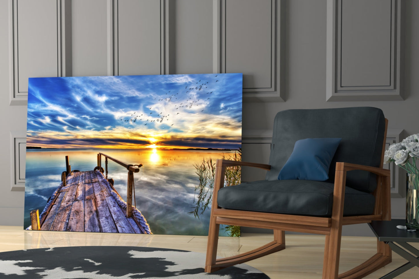 Vivid Blue Sky Sunset Dock Glass Wall Art