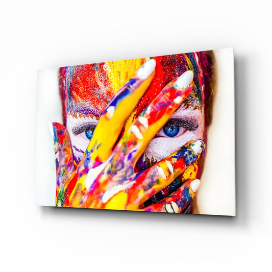 Rainbow Paint Covered Face Glass Wall Art