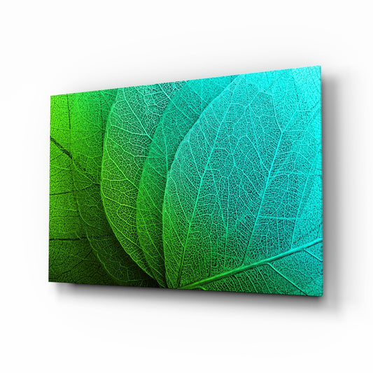 Green to Turquoise Leaf Vein Gradient Glass Wall Art