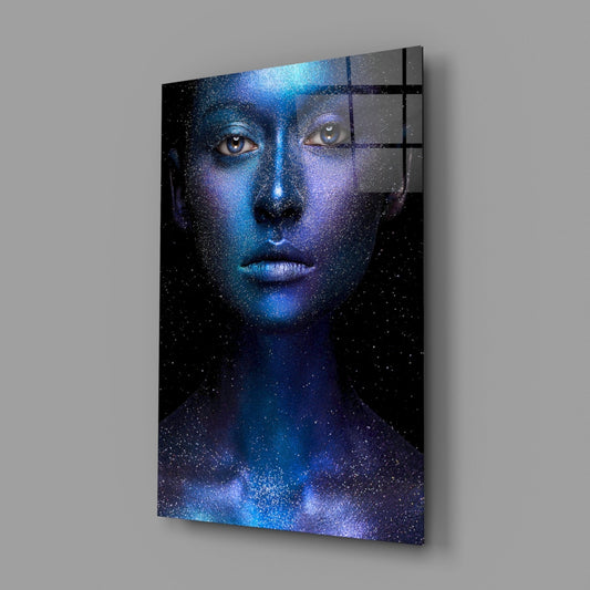 Cosmic Blue Glitter Face Glass Wall Art