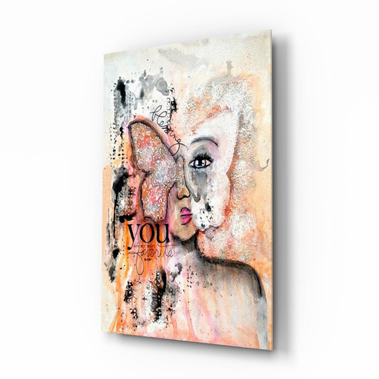 Peach Butterfly Collage Woman Glass Wall Art