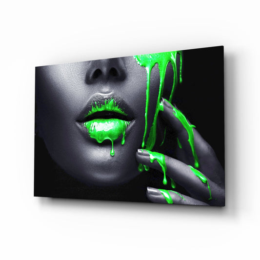 Green Paint Drip Lips Glass Wall Art