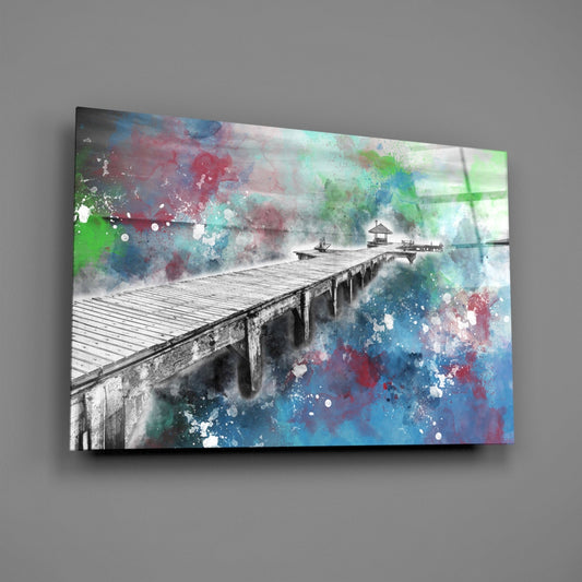 Splattered Paint Pier Green Blue Glass Wall Art