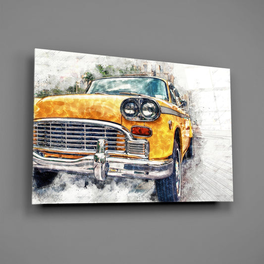 Yellow Vintage Taxi Sketch Glass Wall Art