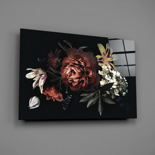 Dark Bouquet Red Peony Bloom Glass Wall Art