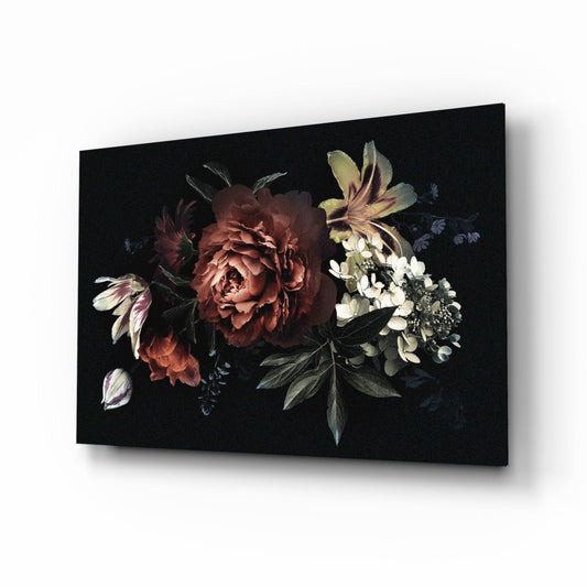 Dark Bouquet Red Peony Bloom Glass Wall Art