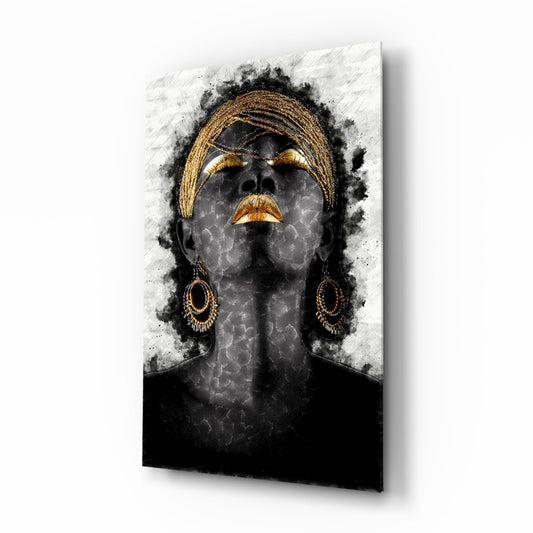 Gold Lips Woman Portrait White Glass Wall Art