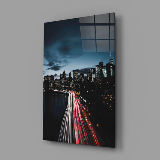 Red Light Trails Night Skyline Glass Wall Art